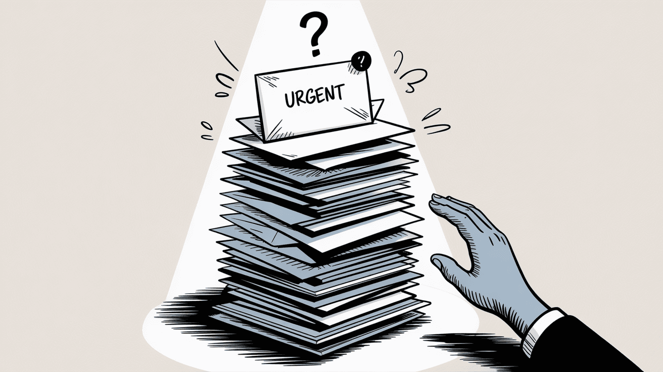 Stacked email messages with question marks showing threading confusion and uncertainty about reply status